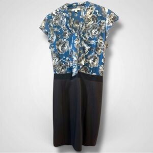LOFT Tailored Blue Floral Bow Front Sheath Dress | Size 12